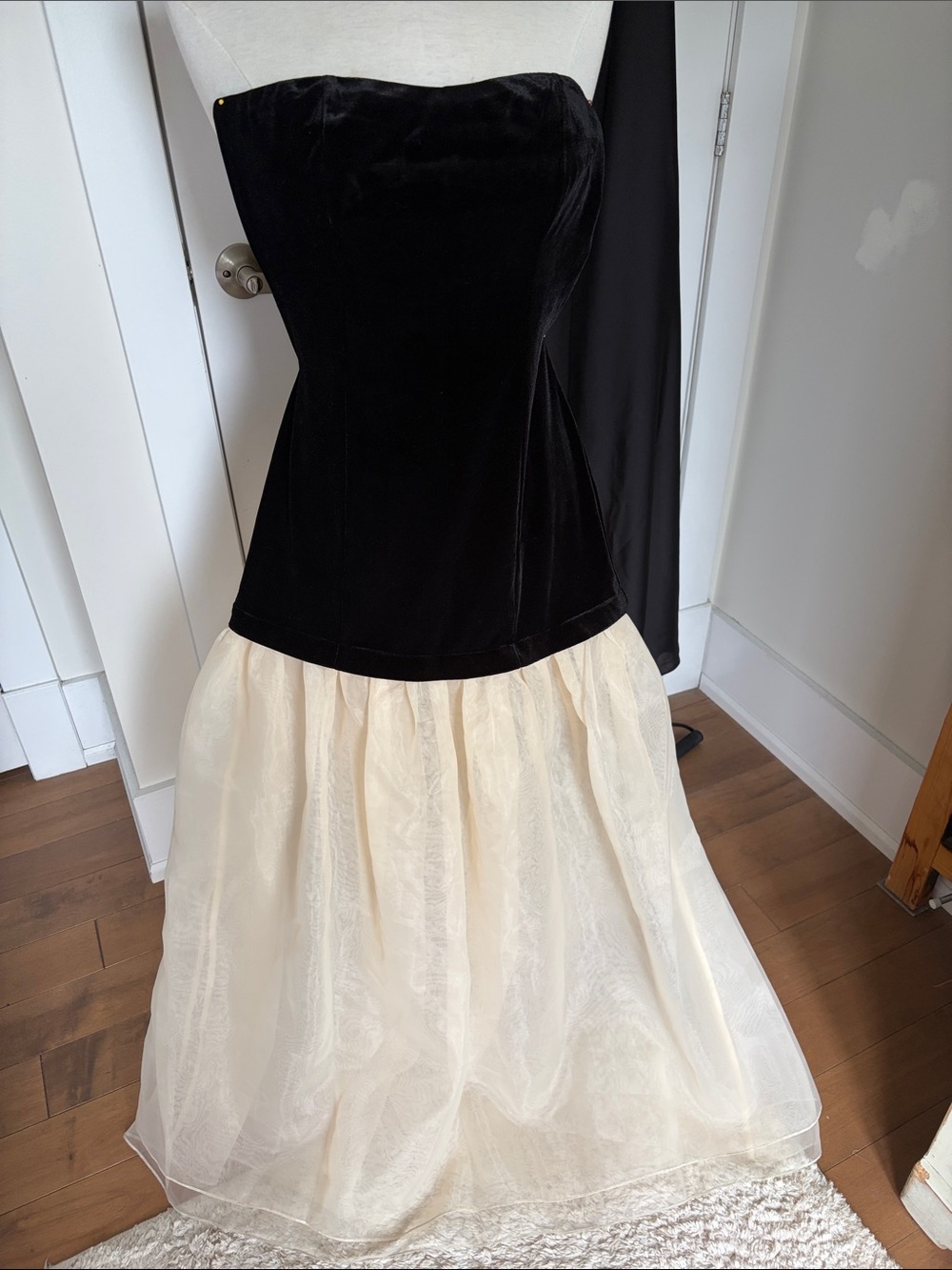 Commense Strapless Black Velvet Bodice with Cream Tulle Skirt Gown
